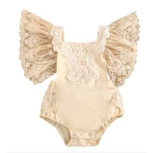 Boho Baby Girl Lace Romper Cream Flutter Sleeve One piece Photoshoot 12-24 EUC